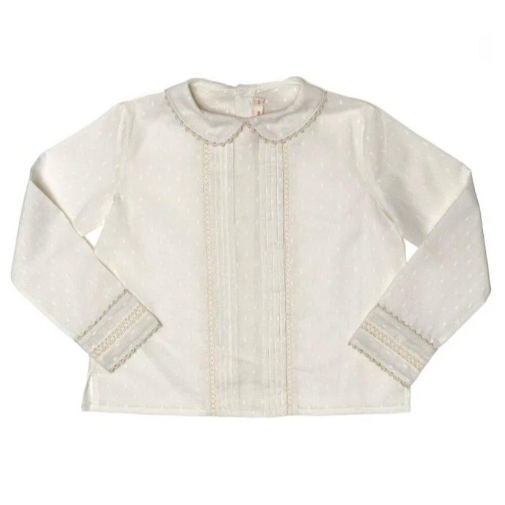 Early Sunday Kids Cream Polka Dot Long Sleeve Blouse W/ Scallop Peter Pan Collar